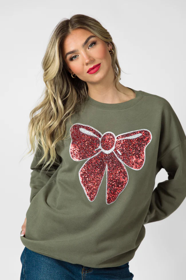 Bow Sequins Patch Olive Oversized Graphic Sweatshirt FINAL SALE