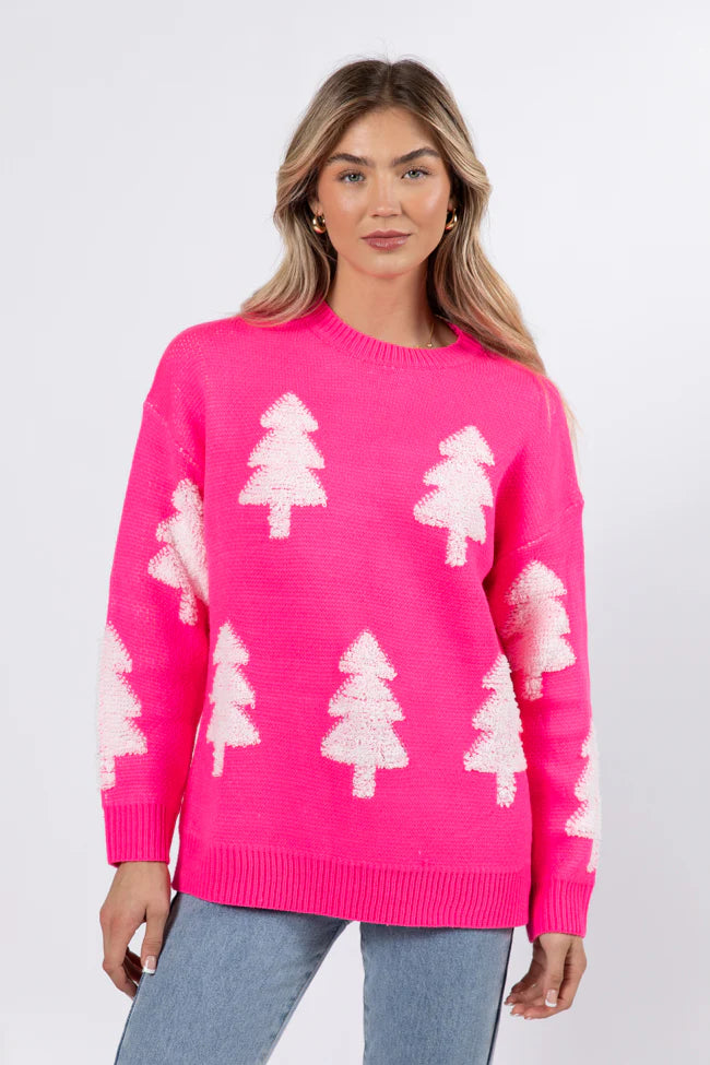 Under The Mistletoe Pink And Cream Christmas Tree Sweater FINAL SALE