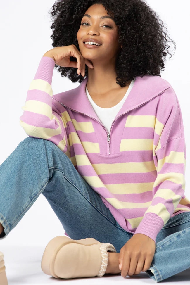 Pulling Heartstrings Purple And Yellow Striped Quarter Zip Pullover SALE