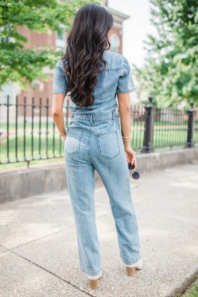 Chances Are Medium Wash Button Up Denim Jumpsuit FINAL SALE