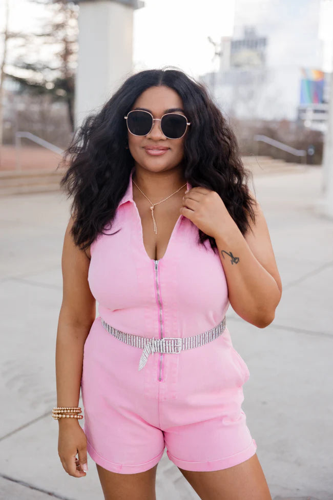 A Lesson Learned Pink Denim Zip Up Romper SALE