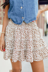 Through The Garden Ivory and Brown Floral Mini Skort