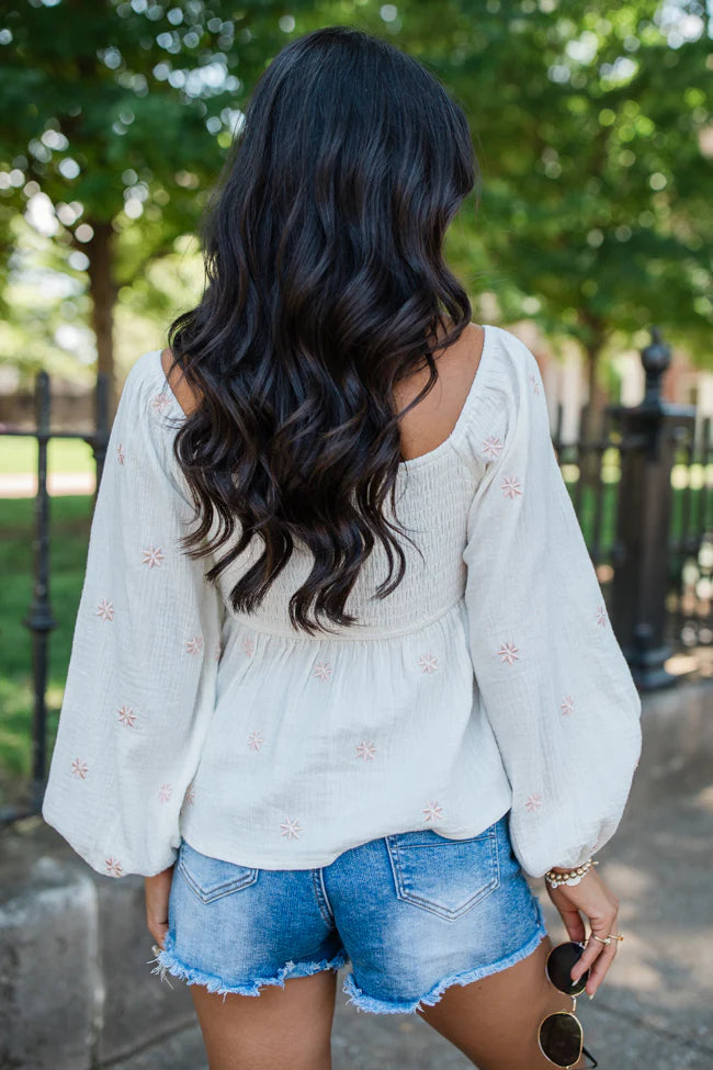 Darling Days Ivory Floral Embroidered Gauze Top