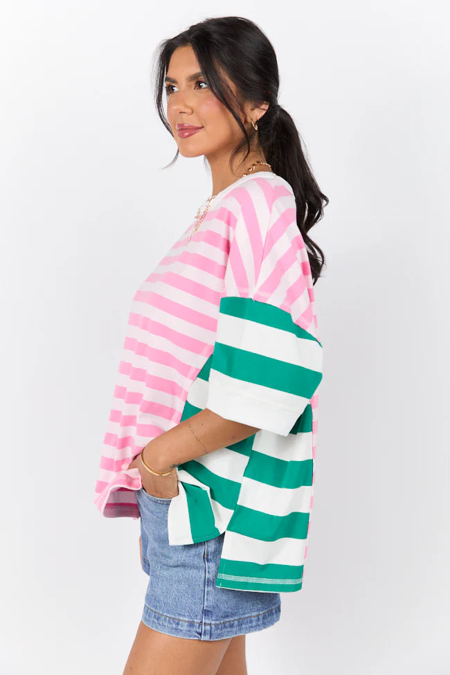 Destined For More Pink and Green Multi Color Block Striped Knit Tee