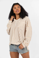 All For Sun Tan and Ivory Striped Knit V-Neck Long Sleeve Tee