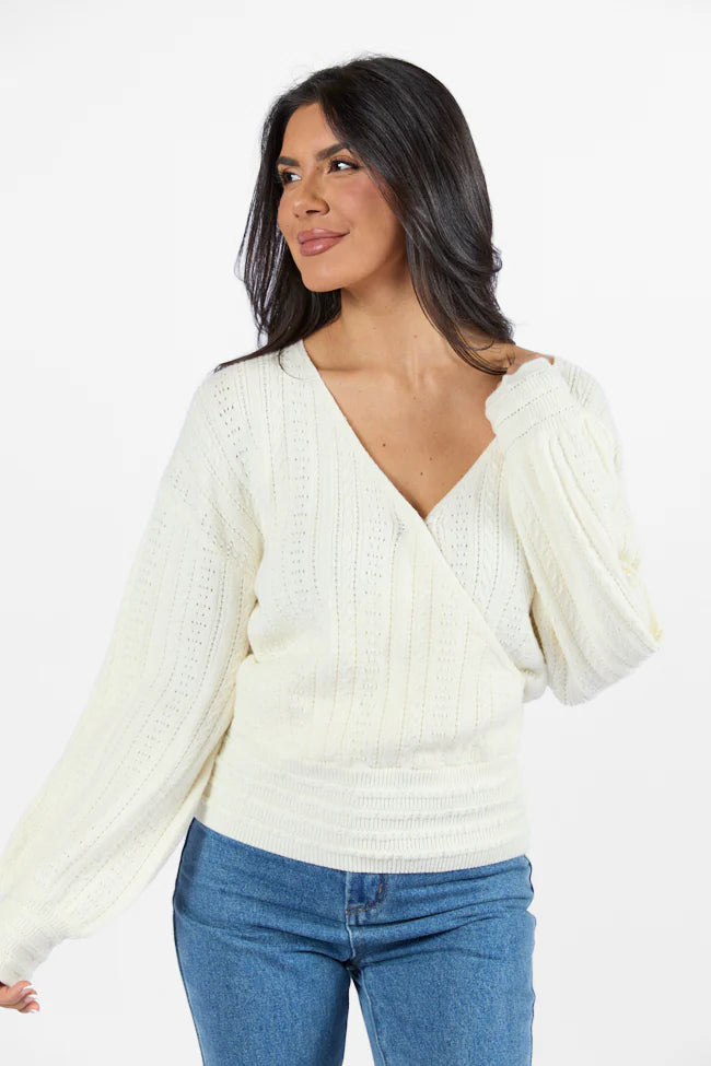 With Love Ivory Wrap Pointelle Sweater