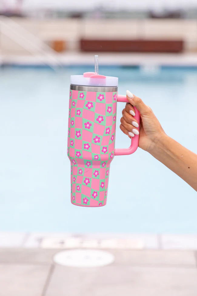 Sippin' Pretty Warped Checker Daisy 40 oz Drink Tumbler With Lid And Straw SALE