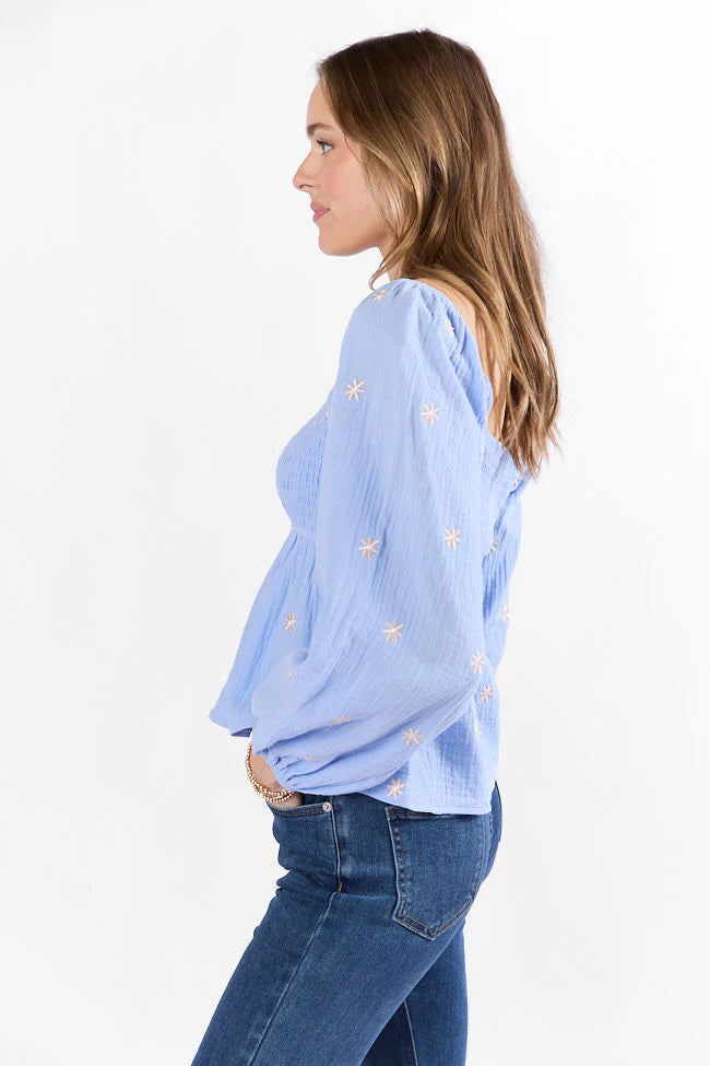 Darling Days Blue Floral Embroidered Gauze Top