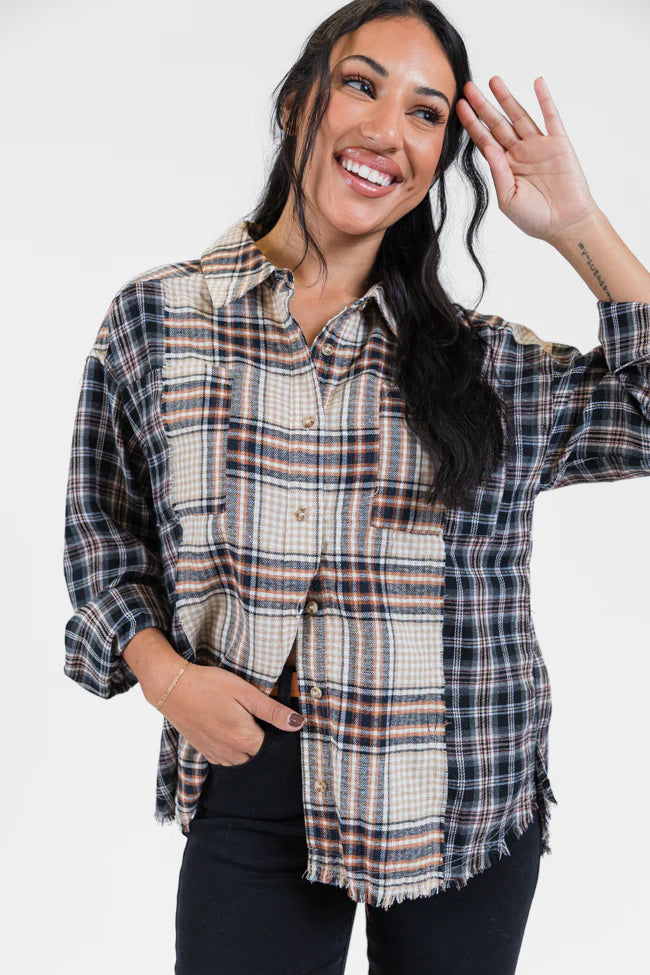 About Tomorrow Black Mixed Media Plaid Button Down Top FINAL SALE