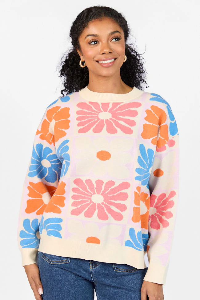 Gracious Gardens Blue Multi Block Floral Sweater