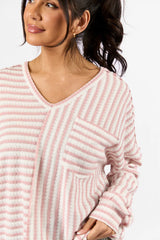 All For Sun Pink and Ivory Striped Knit V-Neck Long Sleeve Tee