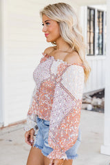 Saddle Up With Me Camel Patch Print Off The Shoulder Blouse FINAL SALE