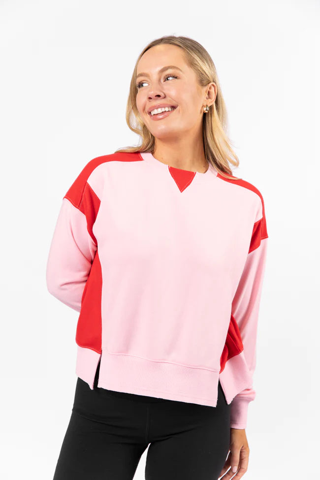 Far Between Pink and Red Contrast Trim Crew Neck Sweatshirt