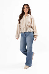 My Hands Are Tied Taupe Striped Drawstring Button Down Blouse