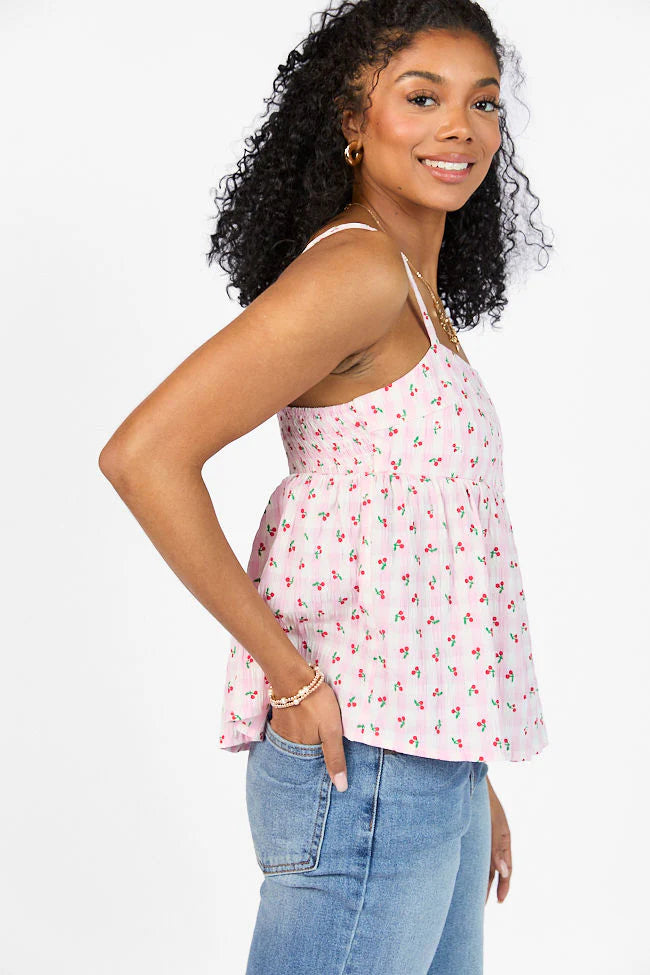 Sweet As Can Be Pink Cherry Gingham Print Tank