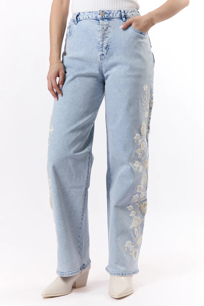 Daisy Light Wash Floral Embroidered Wide Leg Jeans