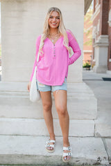 On One Hand Pink Ribbed Knit Oversized Henley Top