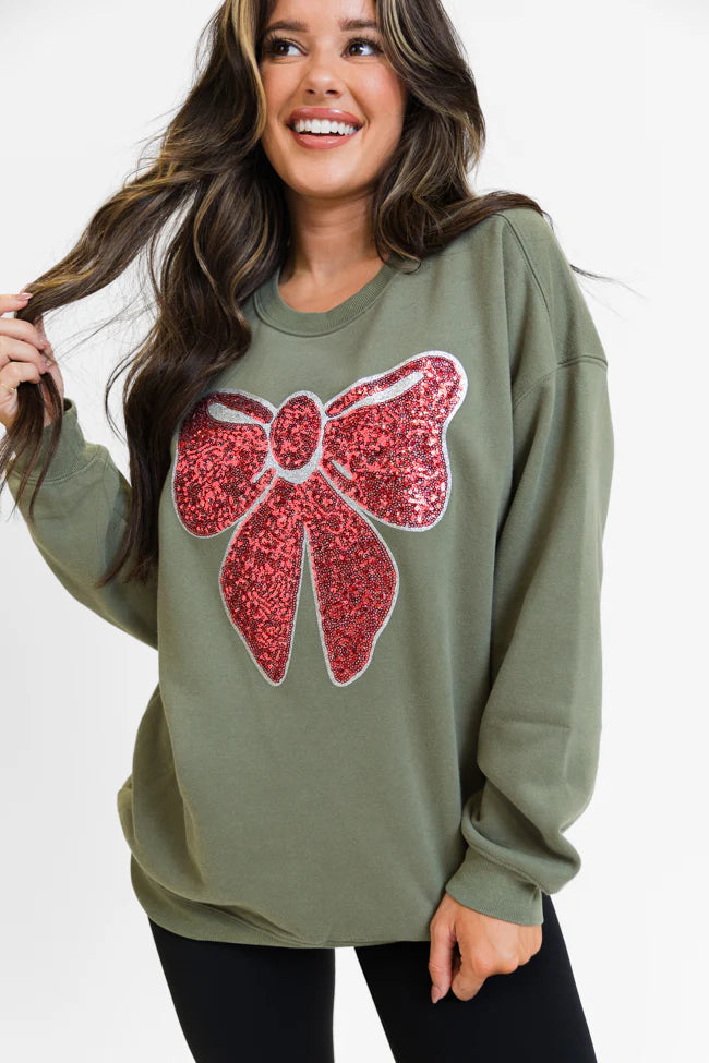 Bow Sequins Patch Olive Oversized Graphic Sweatshirt FINAL SALE