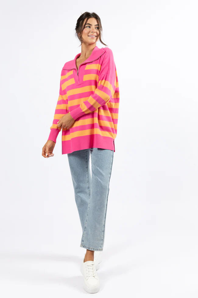 Pulling Heartstrings Pink And Orange Striped Quarter Zip Pullover SALE