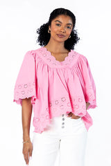 No Regrets Pink Eyelet Detail Popover Short Sleeve Blouse