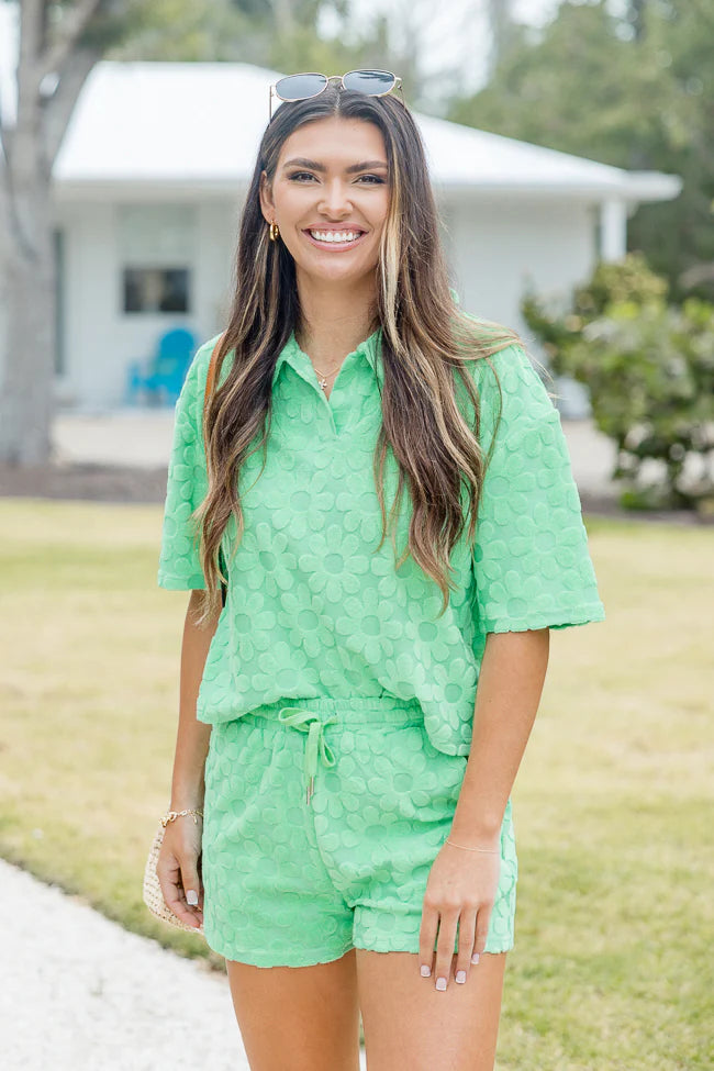 Can't Stay Away Green Daisy Terry Collared Lounge Top FINAL SALE