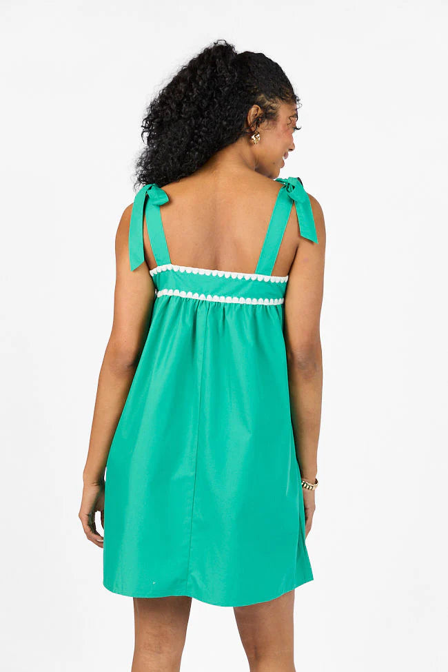 Better This Way Green Tie Shoulder Stitched Trim Mini Dress