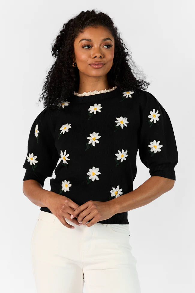 Around The Garden Black Floral Embroidered Lace Trim Short Sleeve Sweater