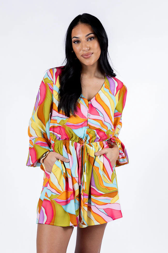 Love Over Fear Multi Print Long Sleeve Wrap Romper