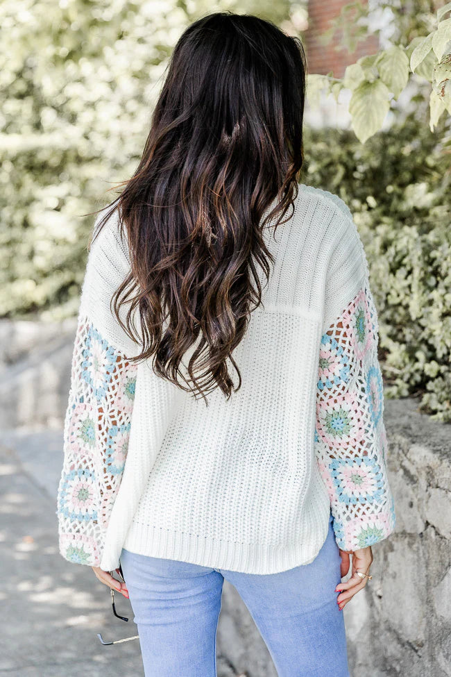 Wanna Be With You Ivory Multi Crochet Sleeve Sweater FINAL SALE