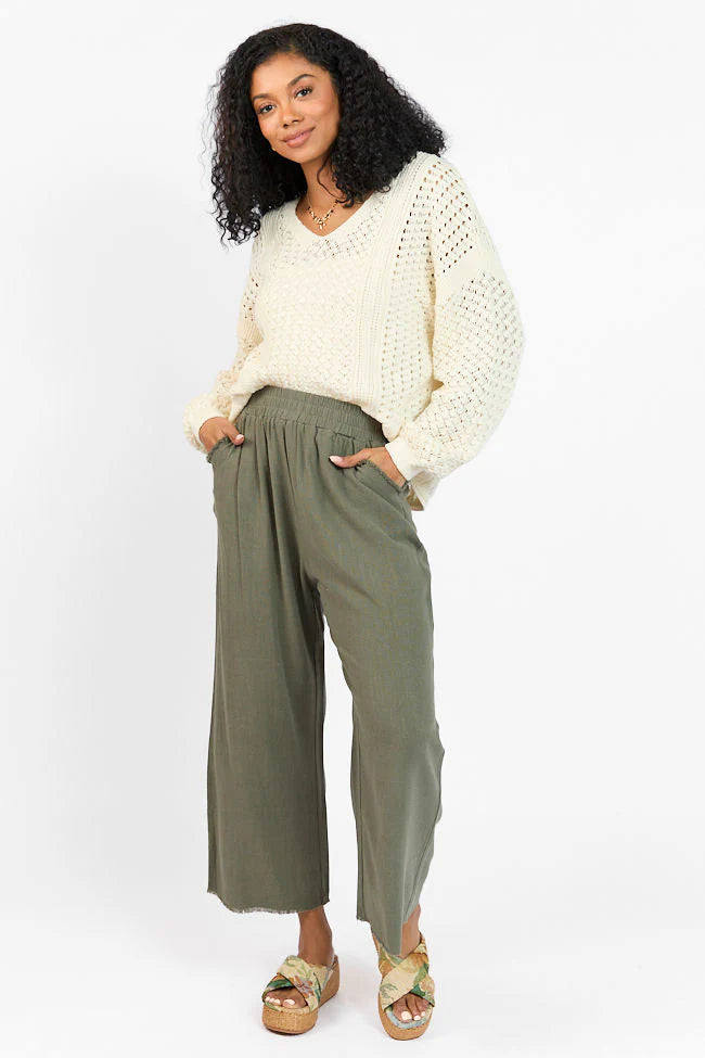 Look Your Best Olive Frayed Detail Ankle Length Pants