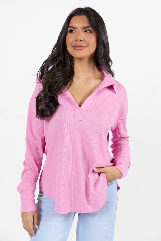 Might Be Love Rose Pink Waffle Collared Knit Top