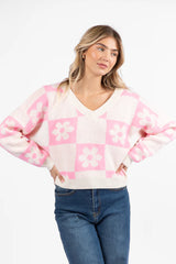 Found A New Way Pink V-Neck Checkered Flower Sweater SALE