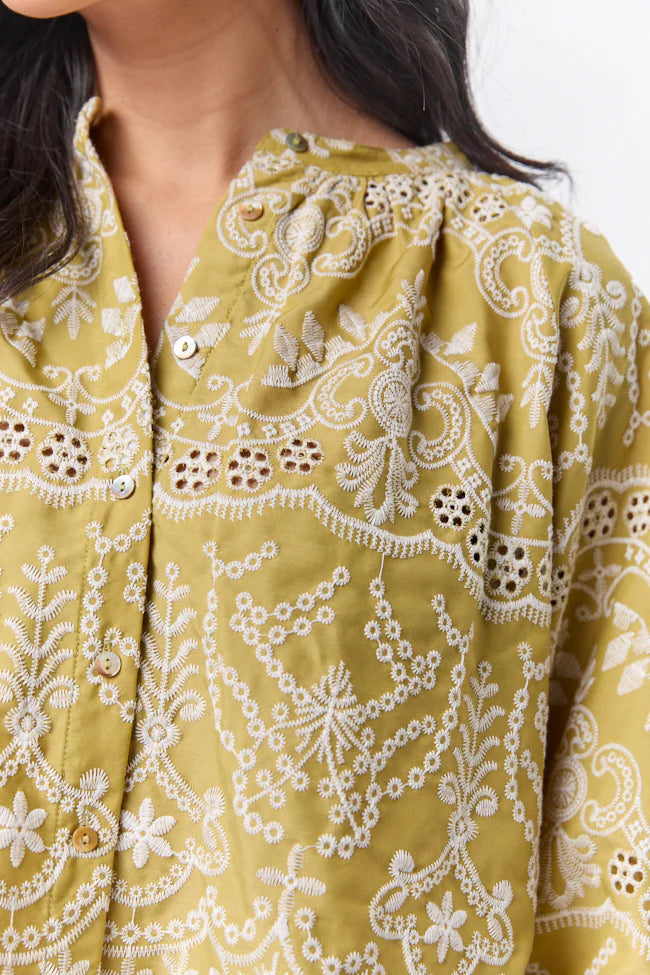 Downtown Delight Chartreuse Embroidered Blouse