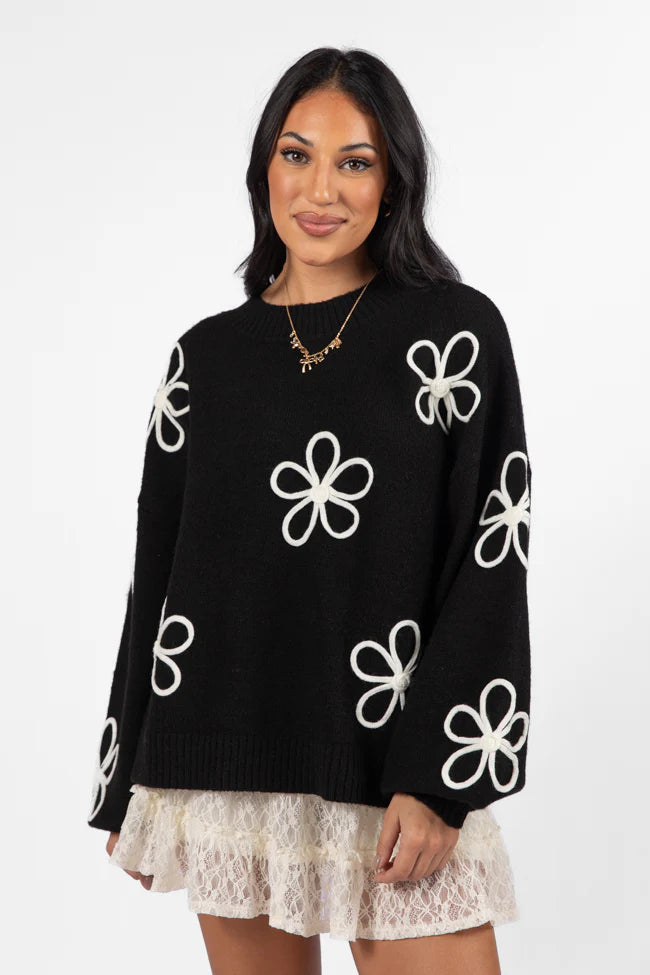 Would've Been The One Black Flower Embroidered Sweater