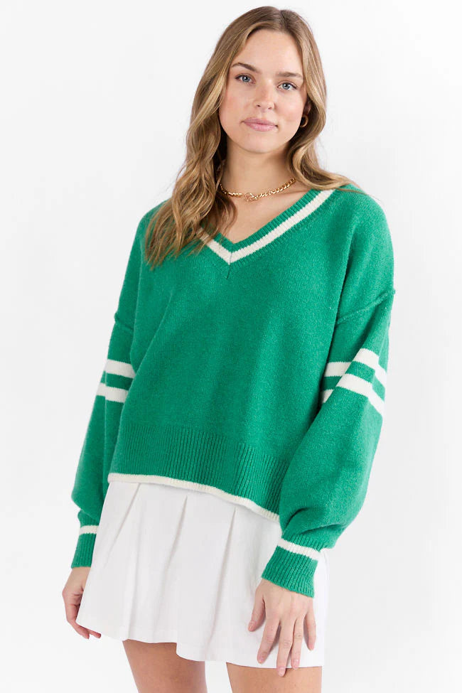 All The Good Green V-Neck Varsity Sweater