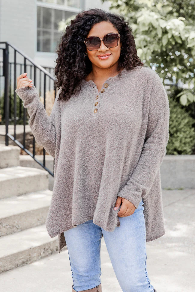 Thinking Of You Taupe  Fuzzy Henley Blouse