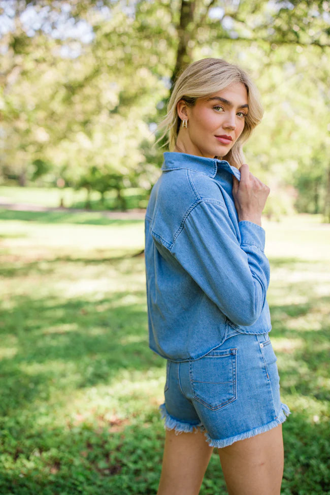 A Girl Like Me Medium Wash Cropped Chambray Blouse FINAL SALE