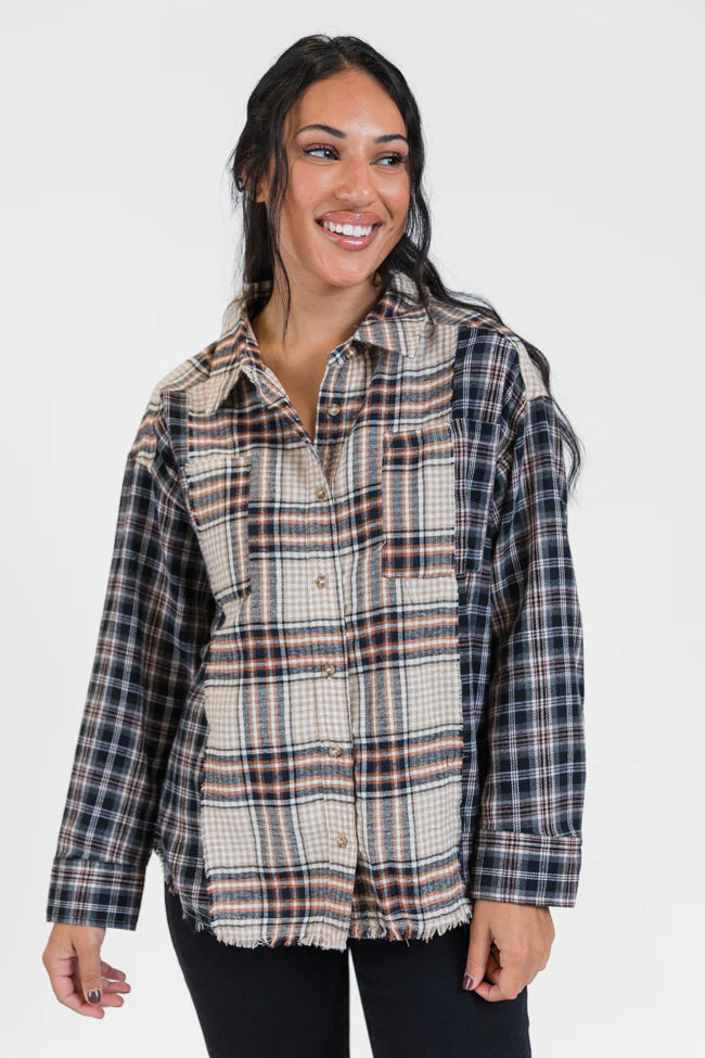 About Tomorrow Black Mixed Media Plaid Button Down Top FINAL SALE