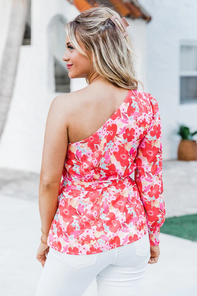 Destination Unknown One Shoulder Blouse in Watercolor Red Floral Print FINAL SALE