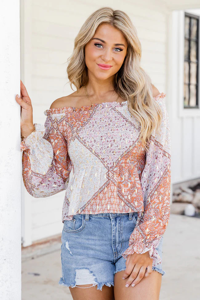 Saddle Up With Me Camel Patch Print Off The Shoulder Blouse FINAL SALE