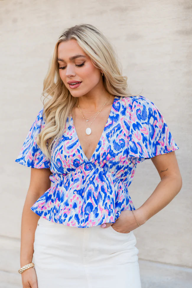 Snagged Your Attention Blue Short Sleeve Printed Top SALE