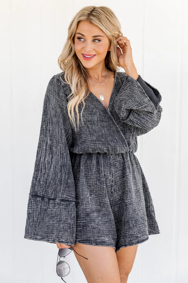 Washed Away Black Acid Wash Long Sleeve Romper FINAL SALE