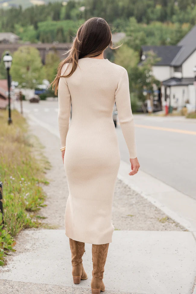 Next In Line Taupe Split Leg Mock Neck Midi Dress FINAL SALE