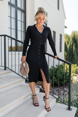 Simple Style Black Button Detail Ribbed Midi Dress FINAL SALE