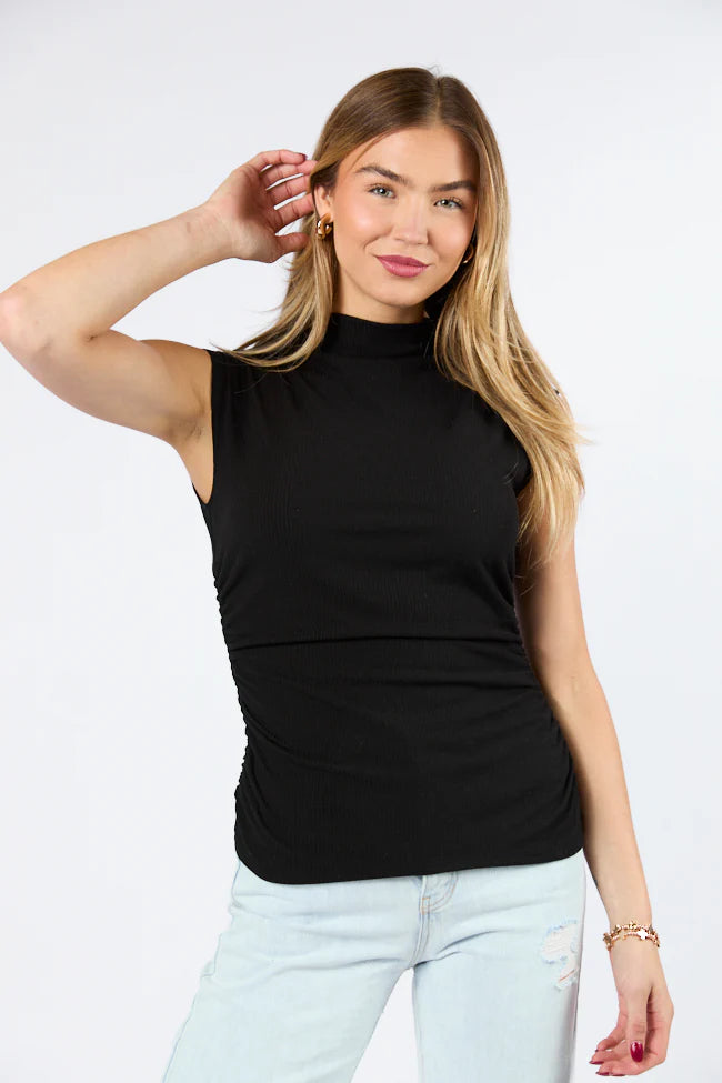 Prime Time Black Ribbed Ruched Bodice Mock Neck Tank