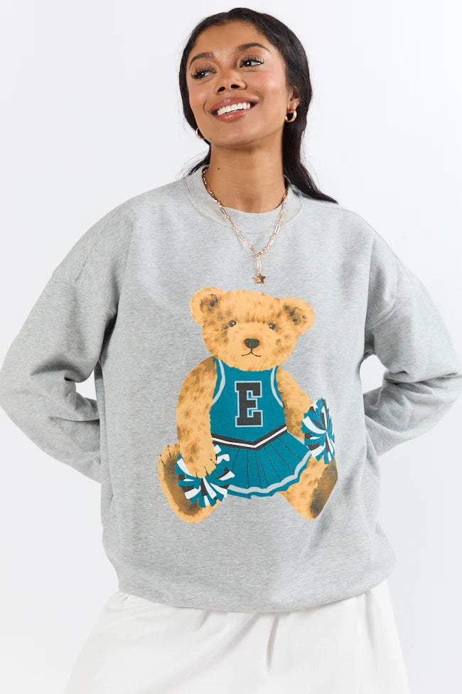 Vintage Green and Black Cheer Teddy Bear Light Grey Oversized Graphic Sweatshirt