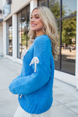 What A Doll Blue and Ivory Bow Embroidered Sweater