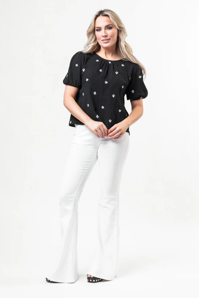 Endless Charm Black Floral Embroidered Gauze Blouse