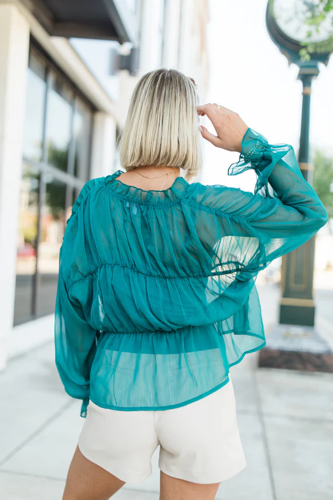 Breathe Deeper Jade Sheer Ruched Blouse FINAL SALE