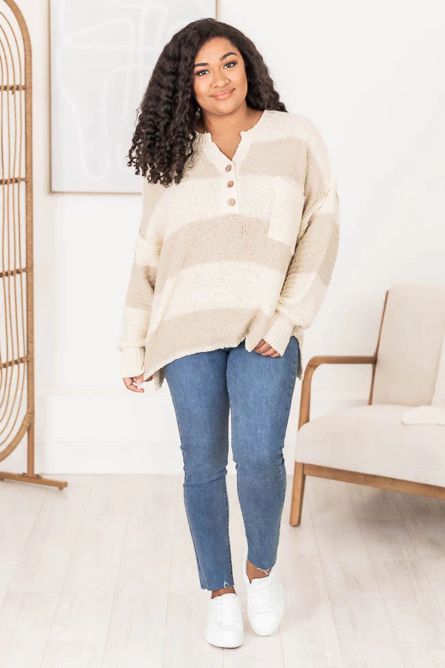 Know You Best Beige Oversized Striped Henley Sweater